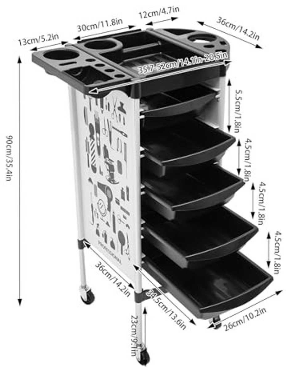 Beauty Trolley met 5 Lades - Salon en Kapperswagen - Wit