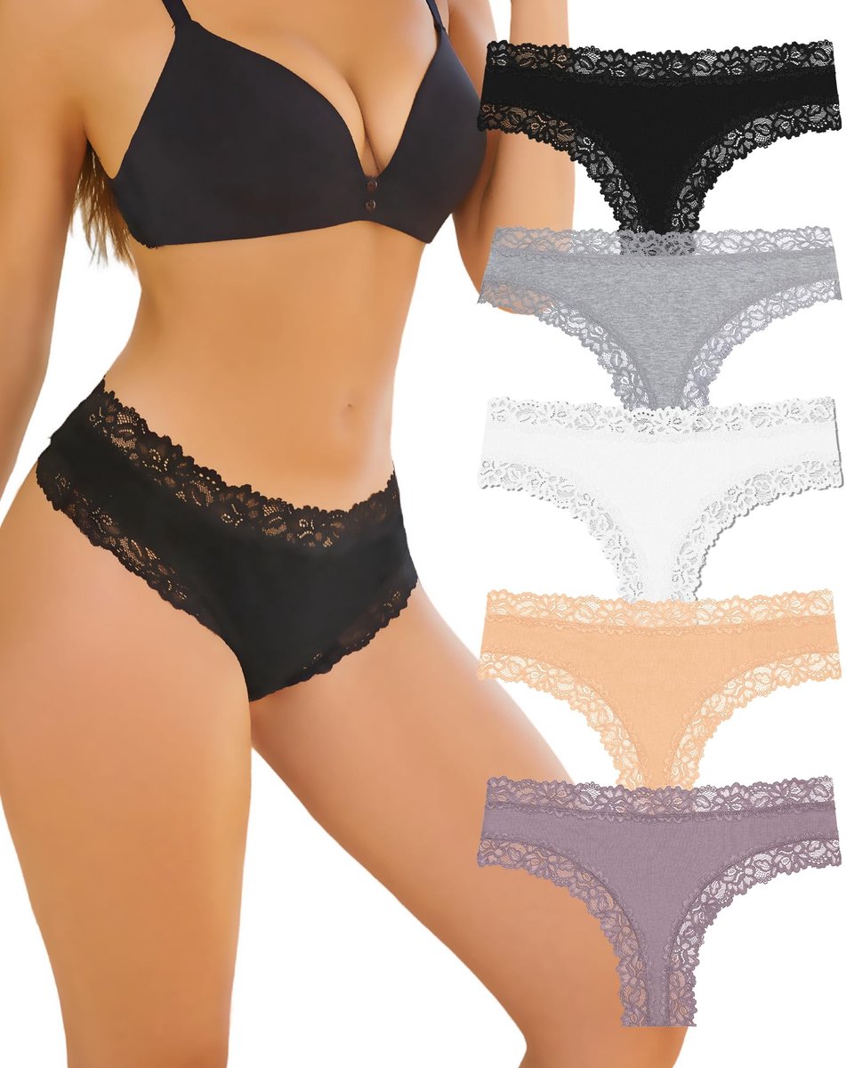 Dames Ondergoed Set van 5 - Katoen met Kant - Multicolor - L