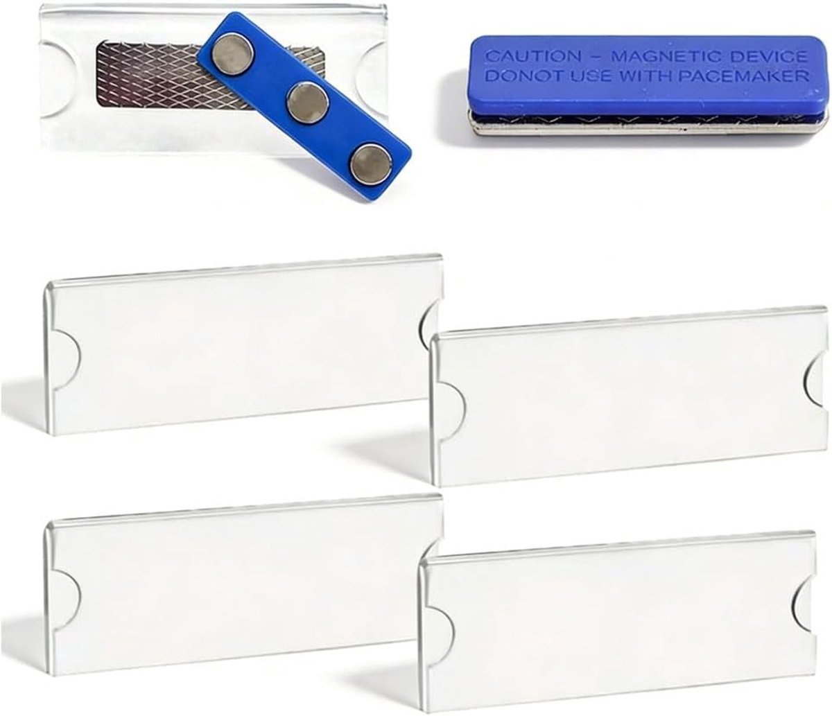 Set van 4 magnetische naambordjes, 75 x 30 mm, transparant, ideaal voor kantoor en evenementen