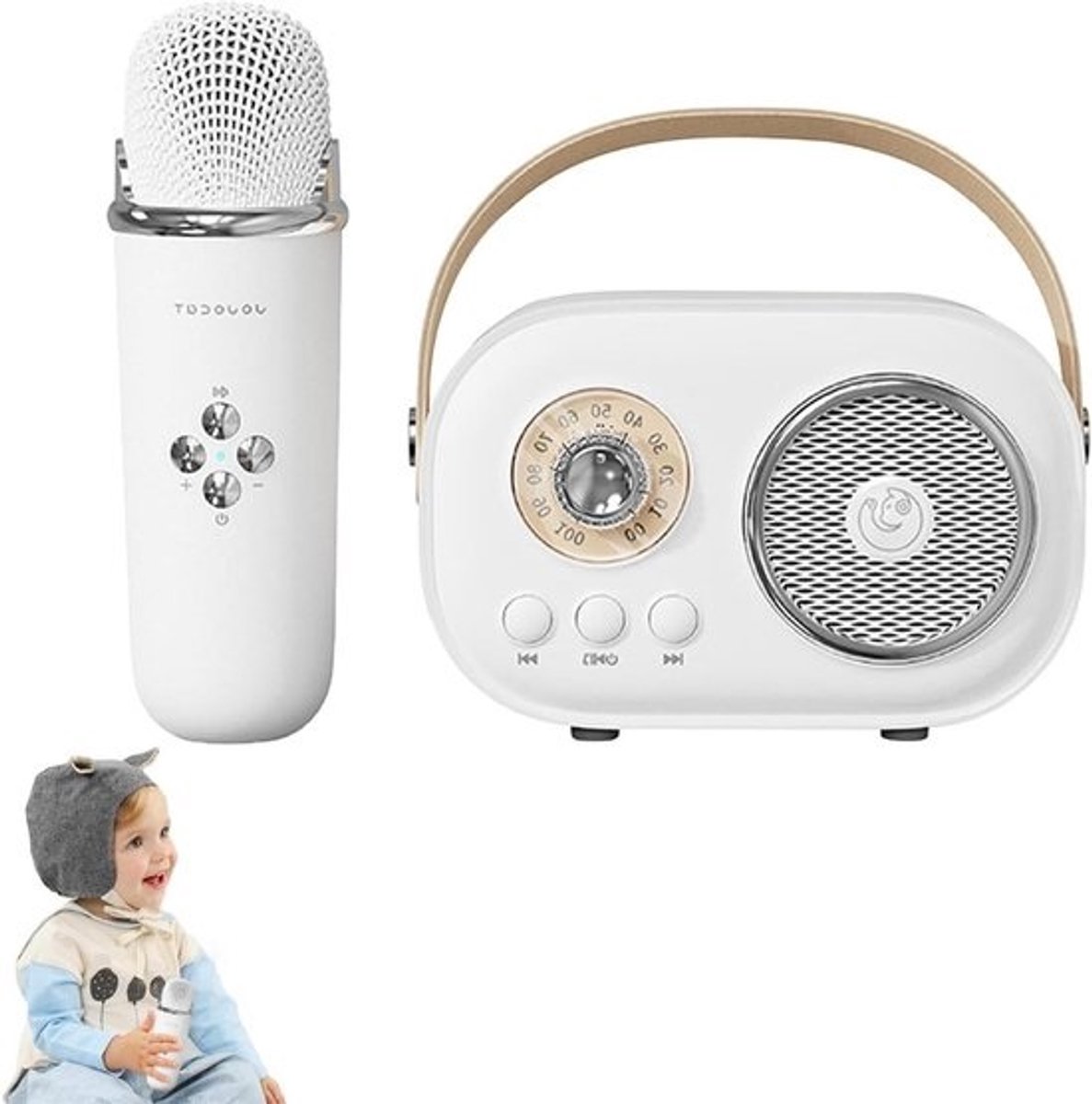 Draagbare karaoke machine - Zingende luidspreker - Feestjes organiseren - Met spraakwisselfunctie - 19x16x7 cm - Wit