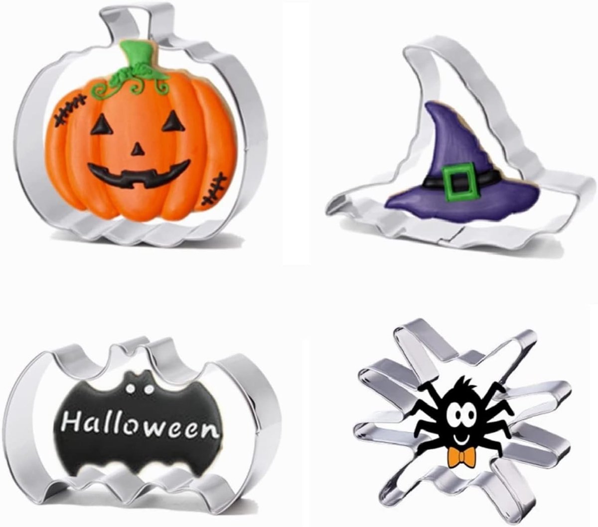 Set van 4 RVS Halloween Koekjesuitsteekvormen voor Pompoen, Vleermuis, Spin en Heksenhoed voor Feestelijke Bakavonturen