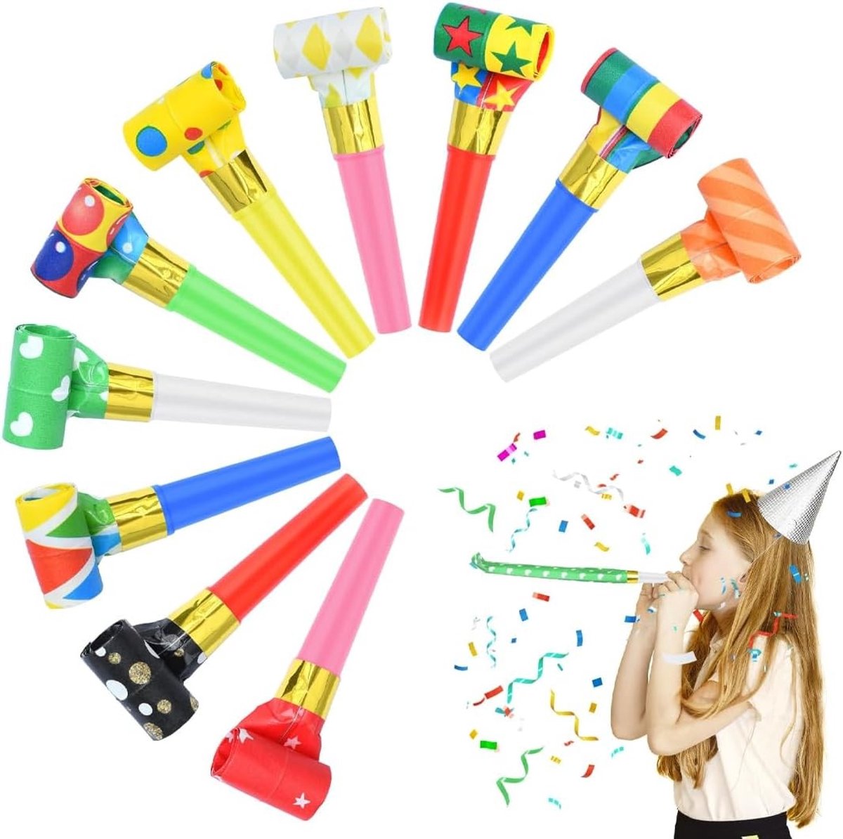 Feesttrompetten voor Kinderverjaardag - 10 Stuks Kraakmakende Pijpen, Plastic Fluitjes voor Verjaardagsfeest, Carnaval en Spelletjes (Meerkleurig)