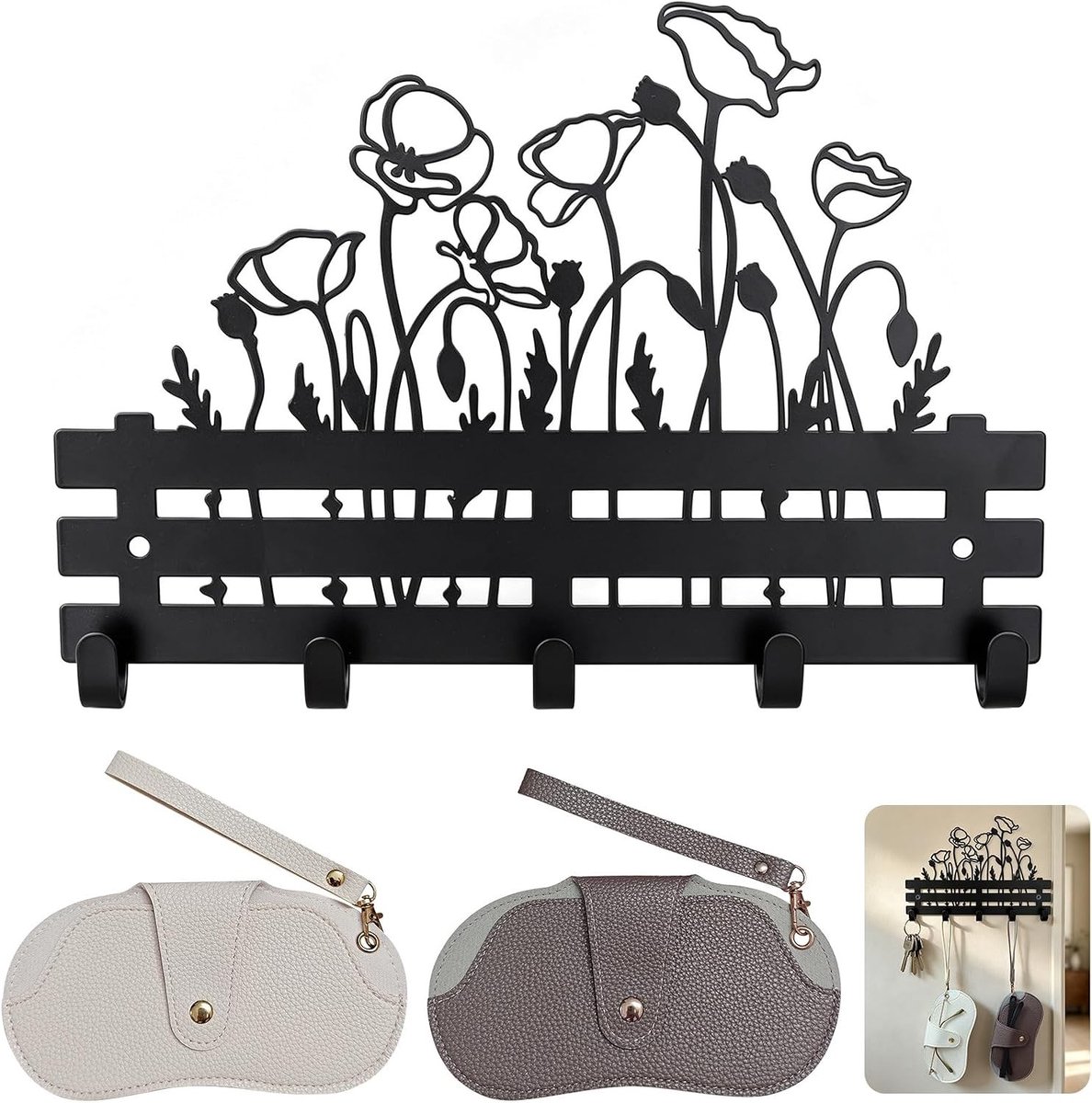 Sleutelrek met plantenmotief voor aan de muur, set van 2 hangende brillenkokers van PU-leer, stijlvolle decoratieve sleutelhouder voor hal en entree.