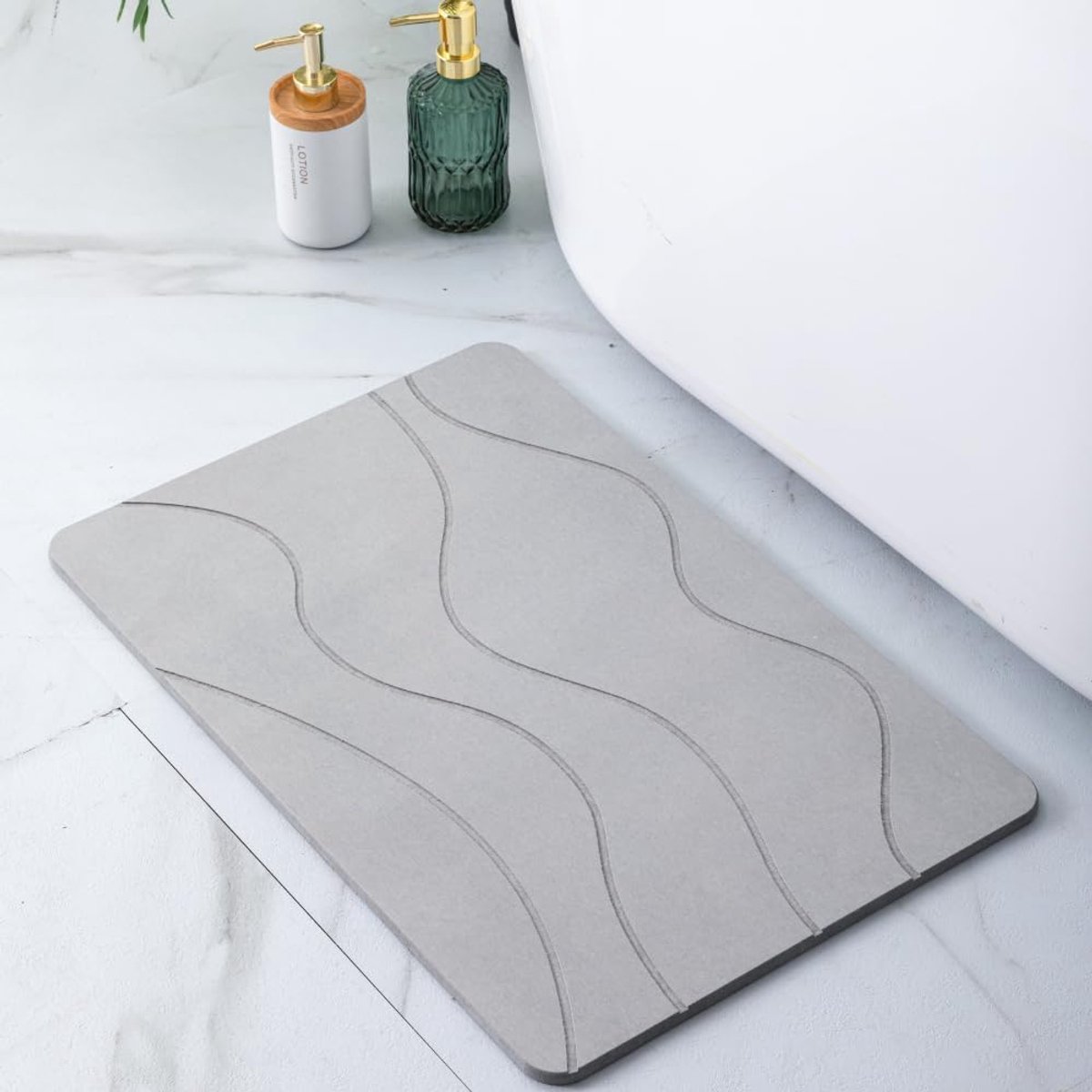 Diatomiet Badmat 60x39 cm - Steen - Sneldrogend - Grijze Golven