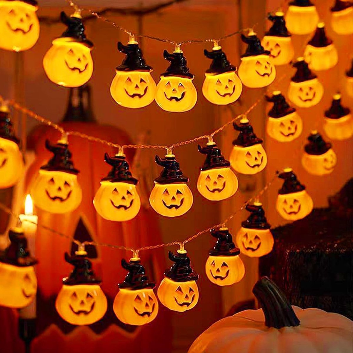 Halloween Decoratie - Pompoen Slingerlichtjes - 3m met 20 LED - 3D Pompoenen - Batterijgevoed - Waterdicht - 2 Standen