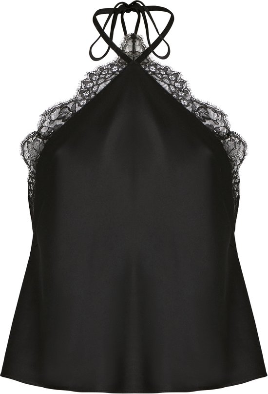 Zwarte haltertop met kanten afwerking bij de halslijn en strikdetail.