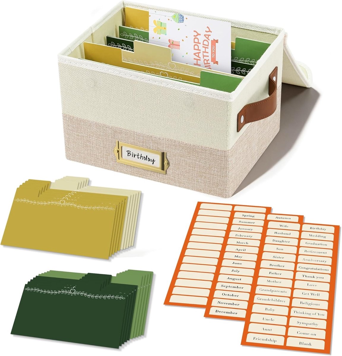 Vouwbare opbergdoos voor wenskaarten met 20 verdelers en 84 zelfklevende labels, ideaal voor foto's, enveloppen en stickers, beige en khaki