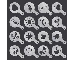 16 Stuks Herbruikbare Koffiestencils voor Cappuccino, Cake Decoratie en Chocolade Shaker - Barista Accessoires voor Dranken, Koekjes en Desserts