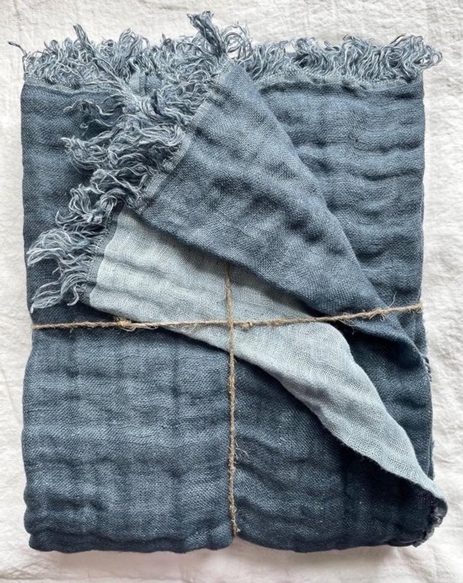 Dubbelzijdig Plaid - Sprei Wafel Pique - Comfortabel Ontspannen - Stonewashed Linnen - 135 x 190 cm - Jeansblauw