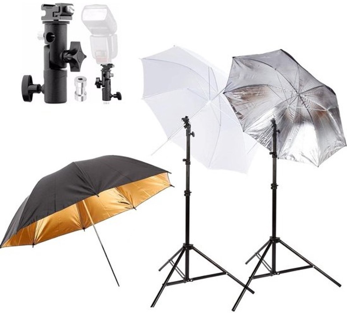 Fotografie Paraplu Kit - Studio Verlichting Set - Portret Fotoshoots - Drie Verlichtingsopties - 2 Meter Standaard - Wit Goud Zilver