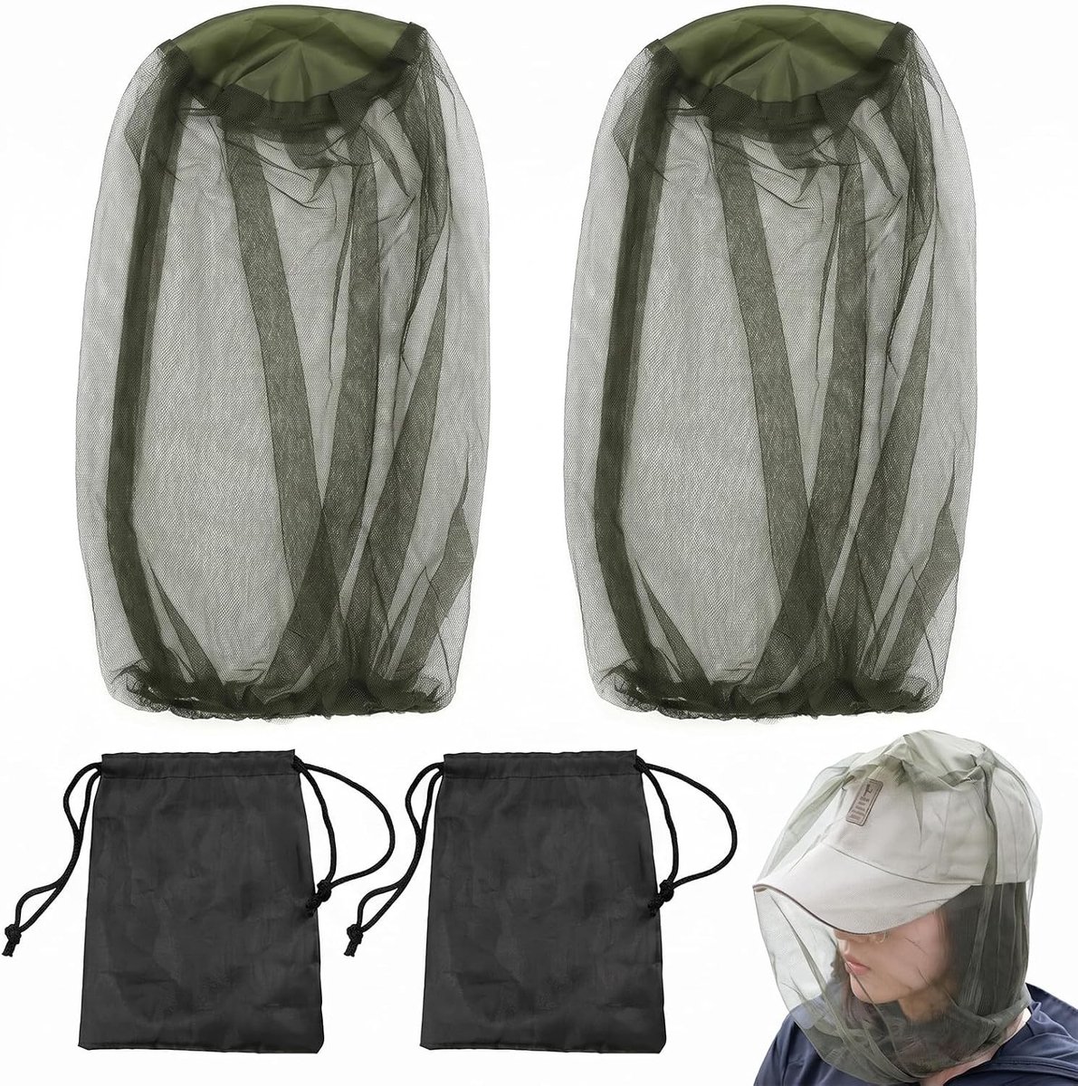 Set van 2 muggennetten voor hoofdbescherming, insectenwerend net voor buitenactiviteiten, ideaal voor kamperen en tuinieren, inclusief 2 handige zakken