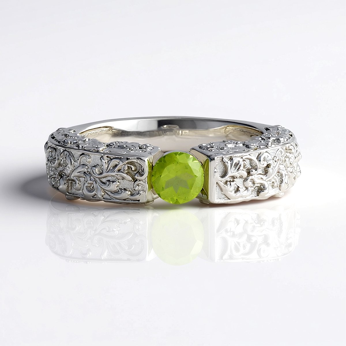 Cavill - 925 Sterling Zilveren Ring - 0,436 ct Ronde Peridoot China - Luxe Handgemaakte Vintage Stijl - Groene Edelsteen Bezelzetting