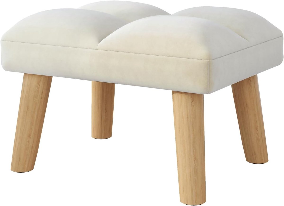 Moderne Gevoerde Poef met Houten Poten voor Woonkamer en Slaapkamer - 40 x 30 x 27 cm Beige, Comfortabele Voetsteun en Stijlvolle Zitoplossing