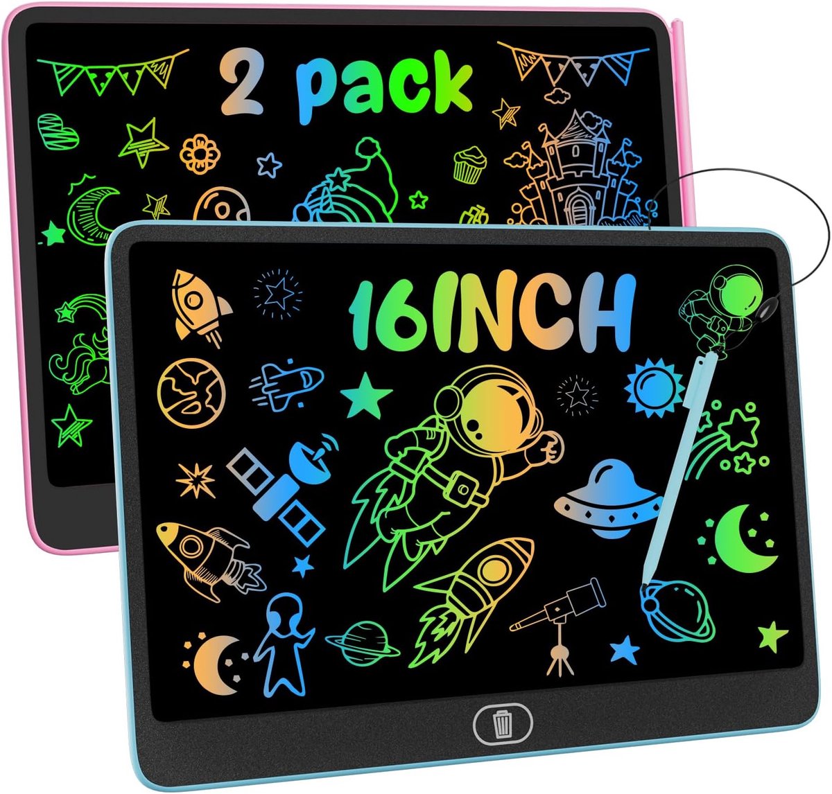 Tekentablet - LCD Schrijftablet voor Kinderen - 16 inch - Kleurrijk Tekenbord - Met Wissen en Vergrendelfunctie - Voor 3-8 Jaar - Roze en Blauw - 2 stuks