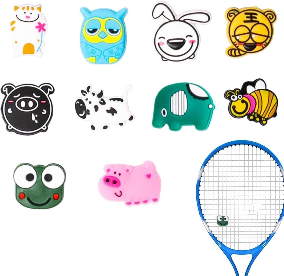 Tennis Racket Dempers met Dierlijke Patronen - Set van 10, Geschikt voor Tennis, Badminton en Squash Rackets, Verhoog je Speelervaring met Siliconen Dempers