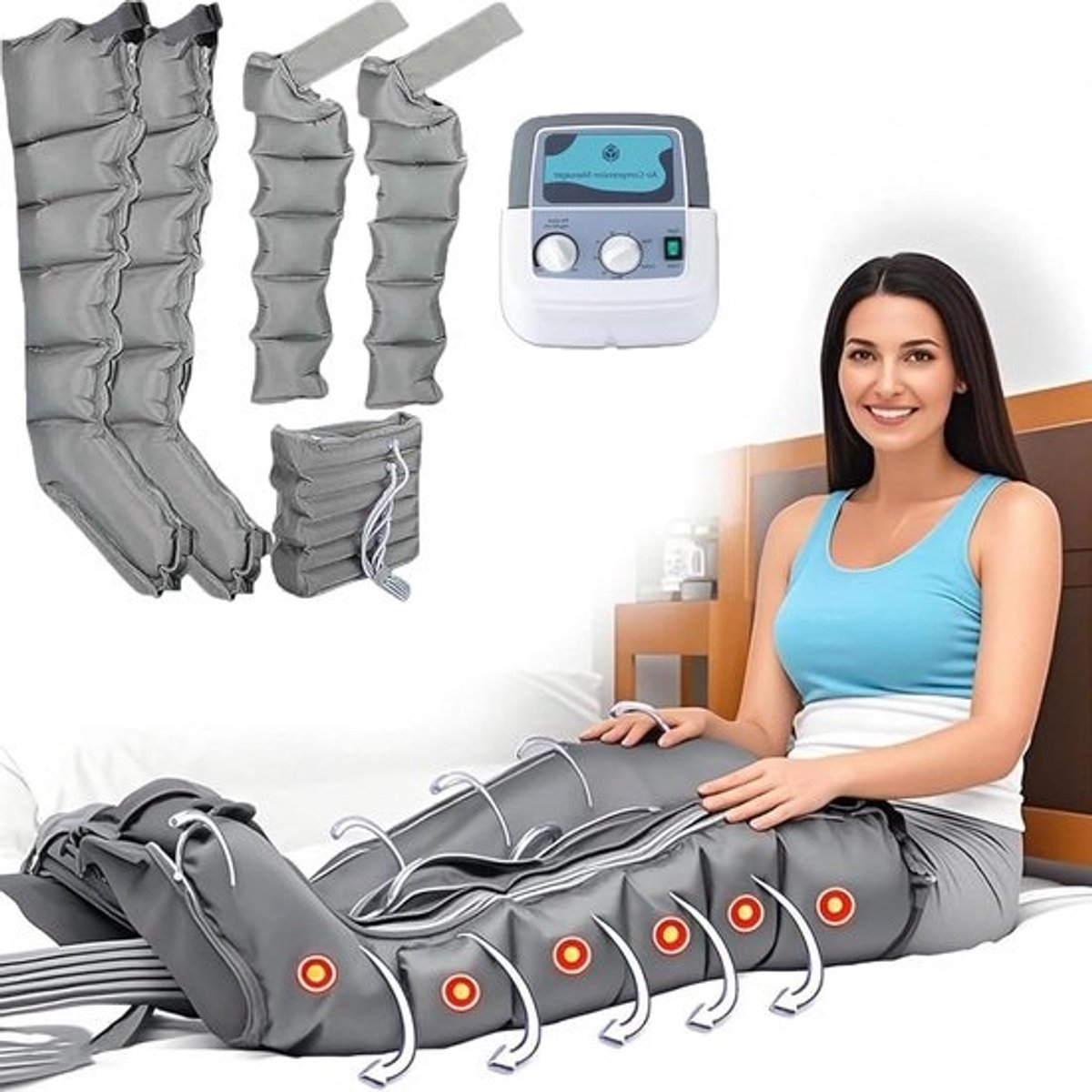 Lymfedrainage Apparaat - Beenmassage Apparaat - Spierontspanning - 6 Luchtkussens - Verstelbaar - Grijs