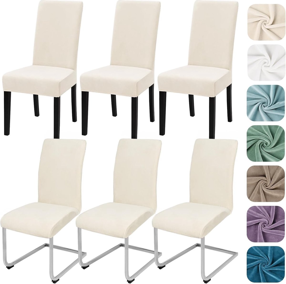 Stretch Samt Stoelhoezen Set van 6 - Wasbare Velours Bescherming voor Keuken, Restaurant en Bruiloft (Beige, 6 Stuks)