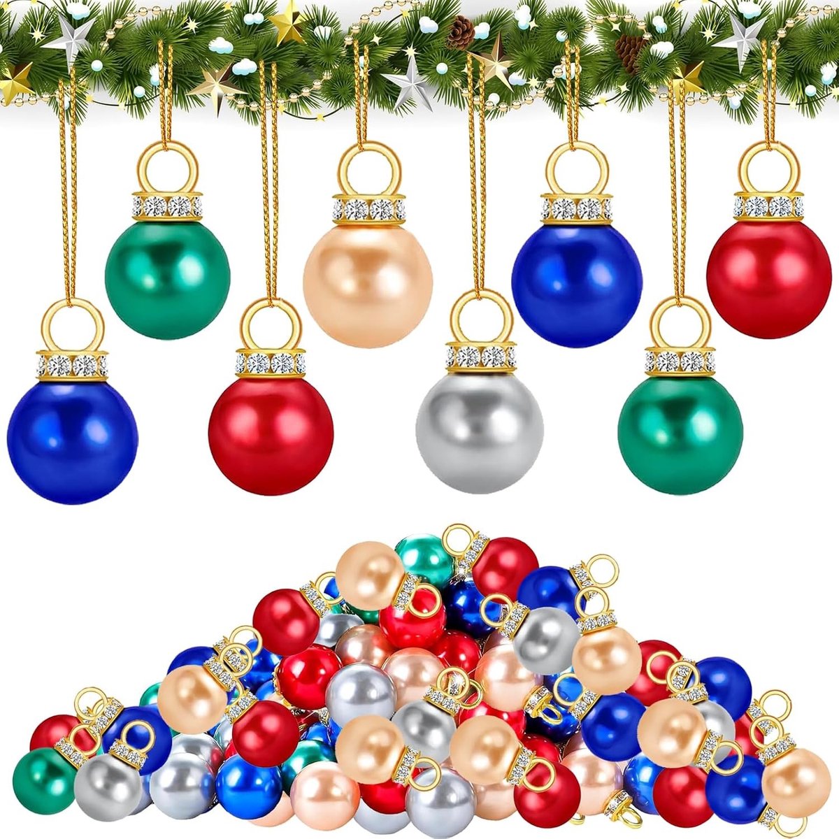 Set van 80 Mini Kerstballen van 16 mm in Kleurrijke Kleuren met 10 Meter Gouden Draad voor Versieringen, Garlands en Ramen