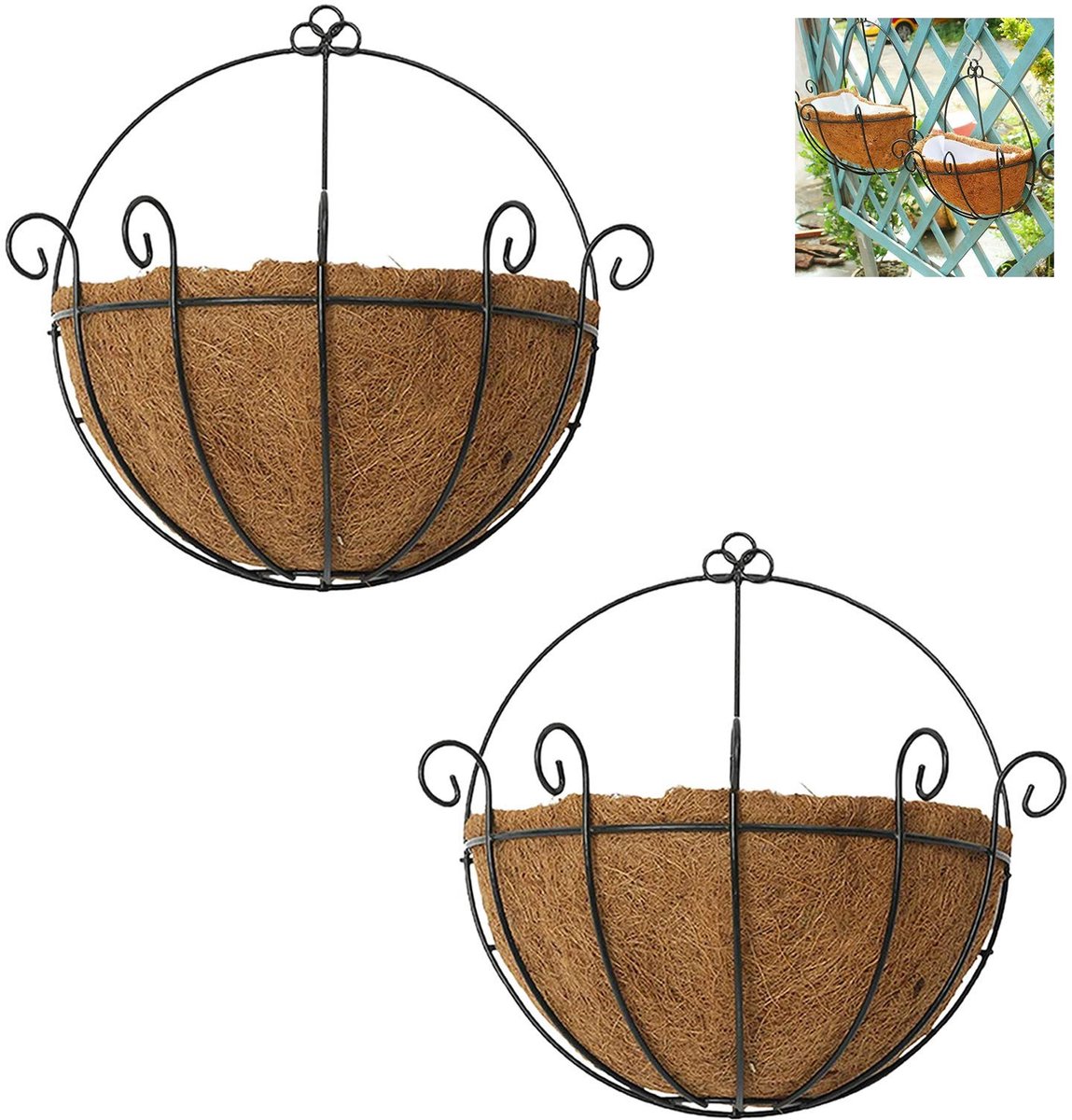 Wandplantenpotten Set van 2 - Halfrond met Coco Liner - Zwart