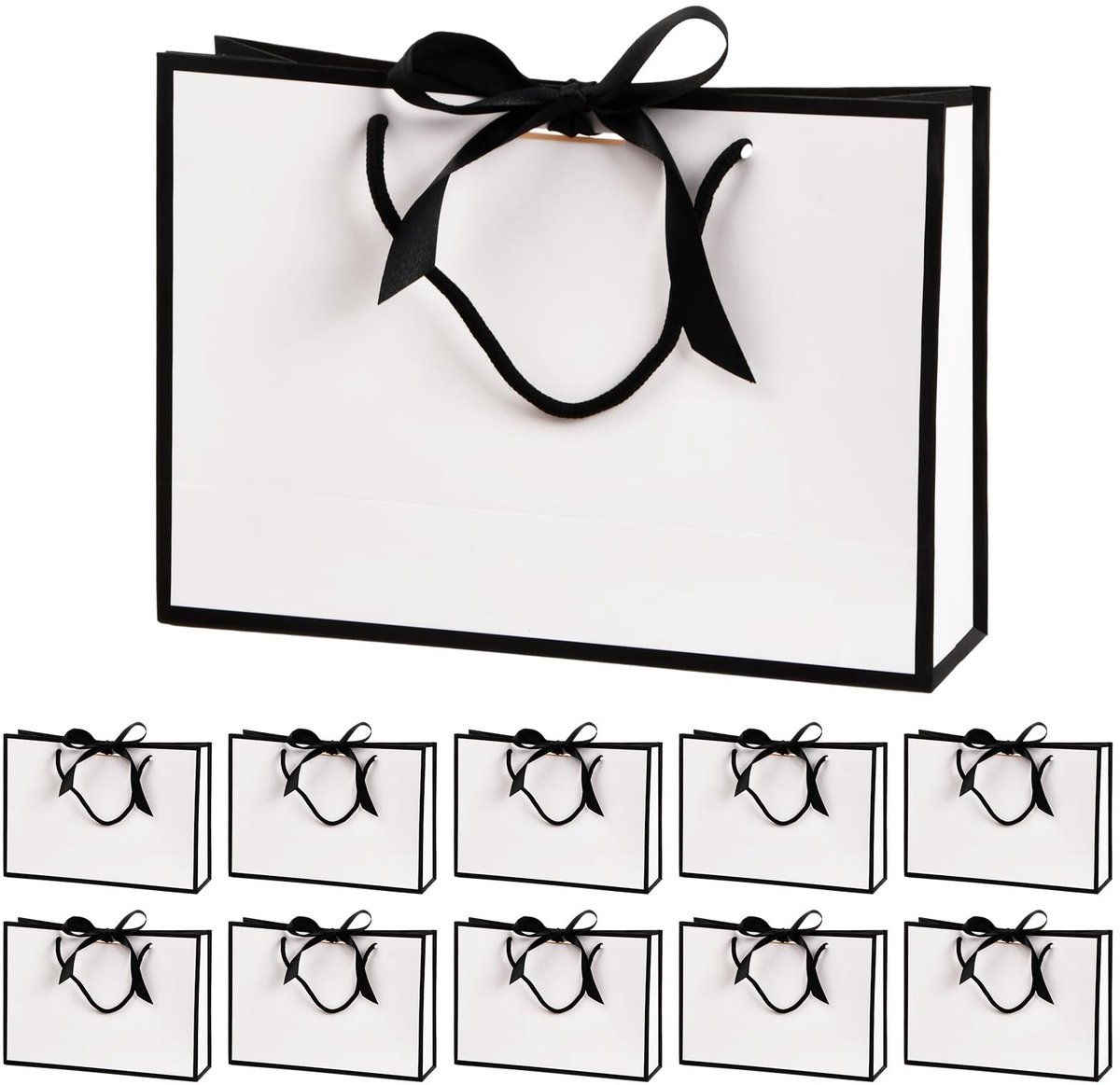 Cadeautasjes met linten - 10 stuks - Wit en zwart - Papieren 28 x 10 x 20 cm