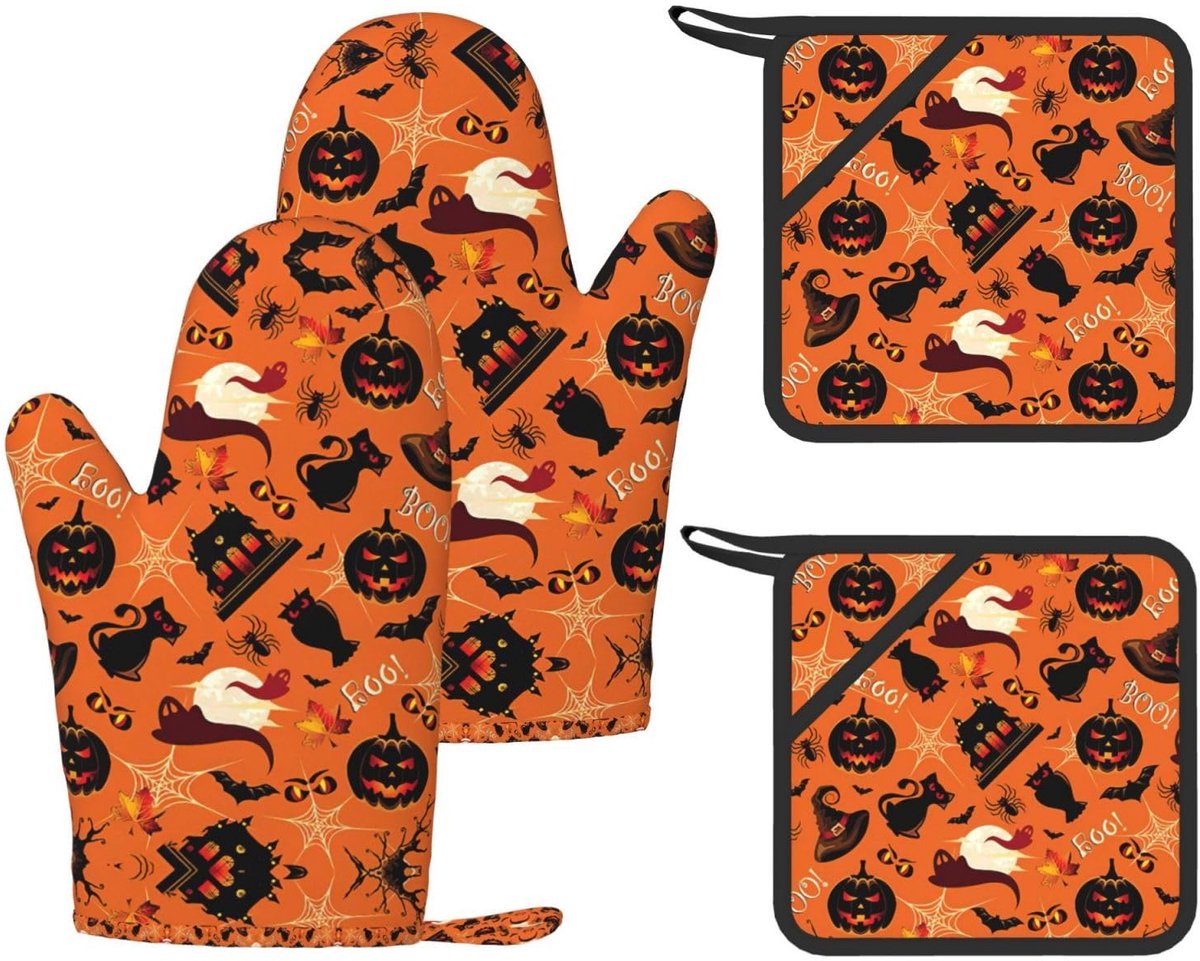 Silicone Ovenwanten Set - Halloween Bedrukt - 4 Stuks