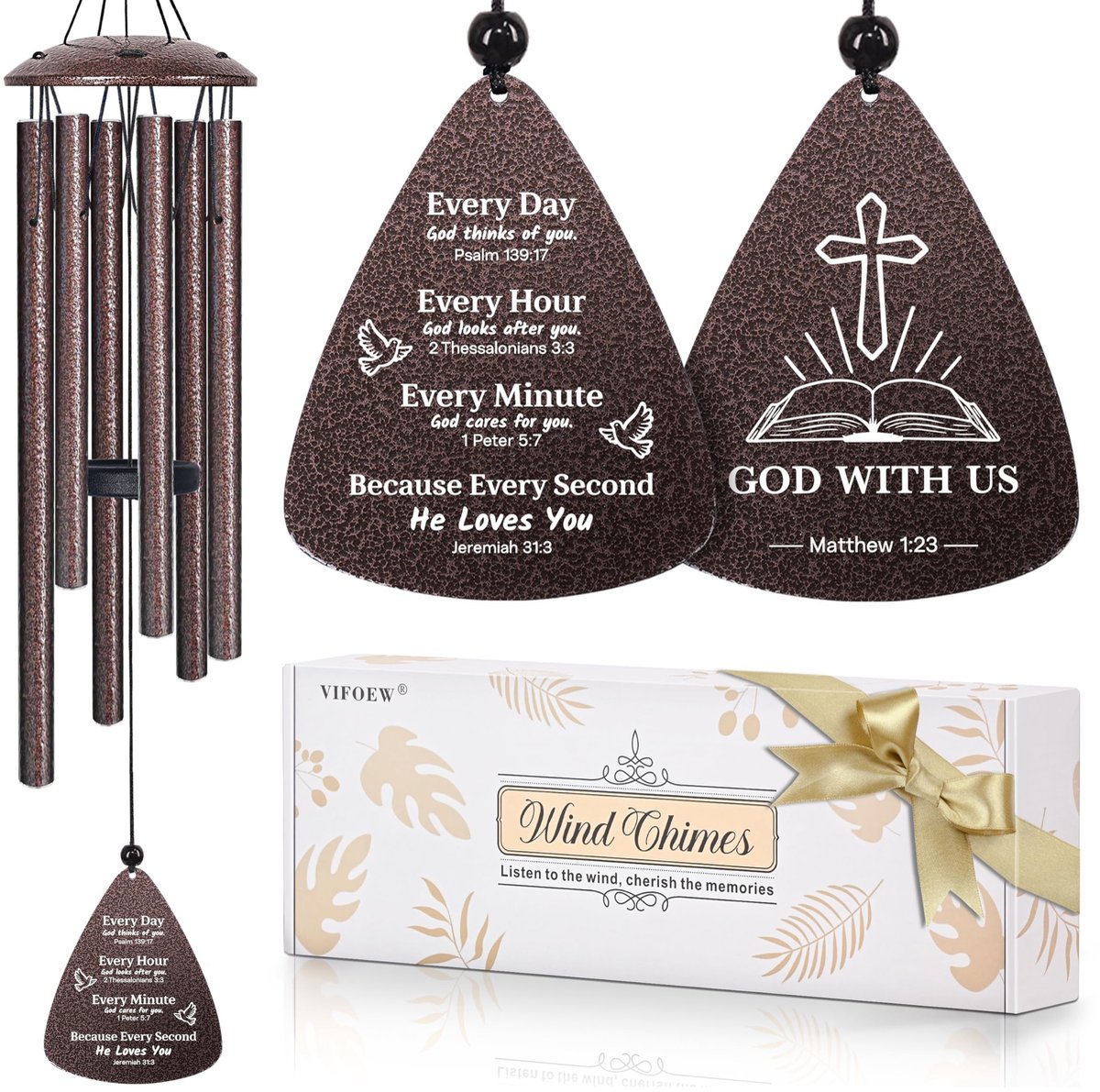 Windgong met Kruis - Religieus Cadeau - 32 inch - Bruin