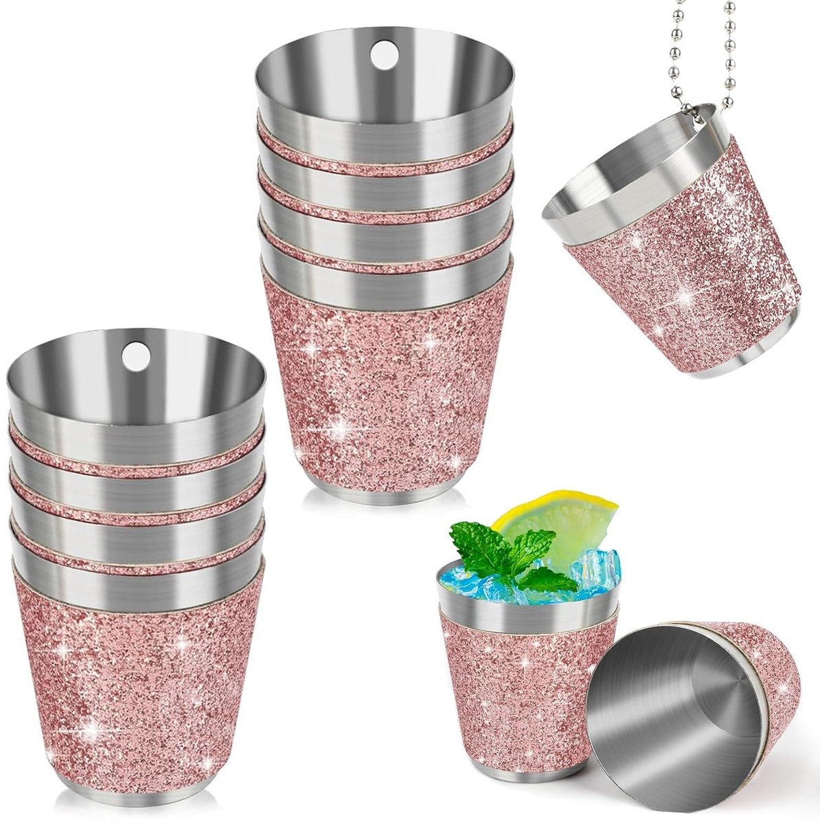 Set van 8 Shotglazen - Roestvrijstalen Cups met Glitter Coating - 30 ml