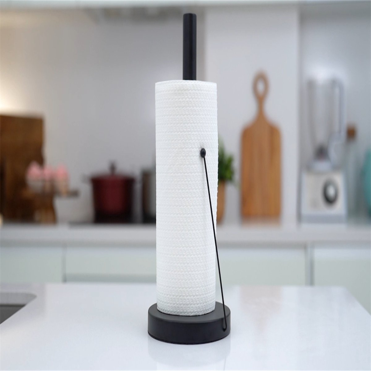 carmdering - Keukenrolhouder met Standaard – Staande Keukenpapierhouder met Anti-Afrolarm – Eénhandige Bediening Zonder Boren – Zwart/Zilver Design voor de Keuken