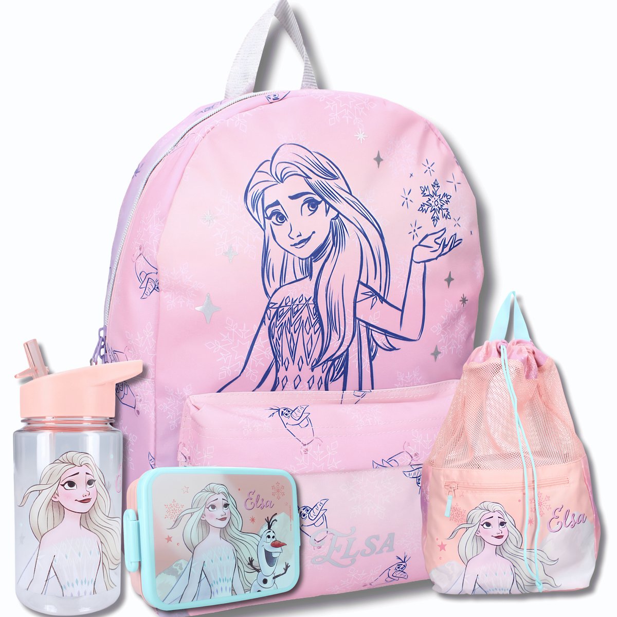 Frozen Schooltas Set Meisjes 4-Delig – Rugzak, Gymtas, Broodtrommel & Drinkfles – Elsa – Roze