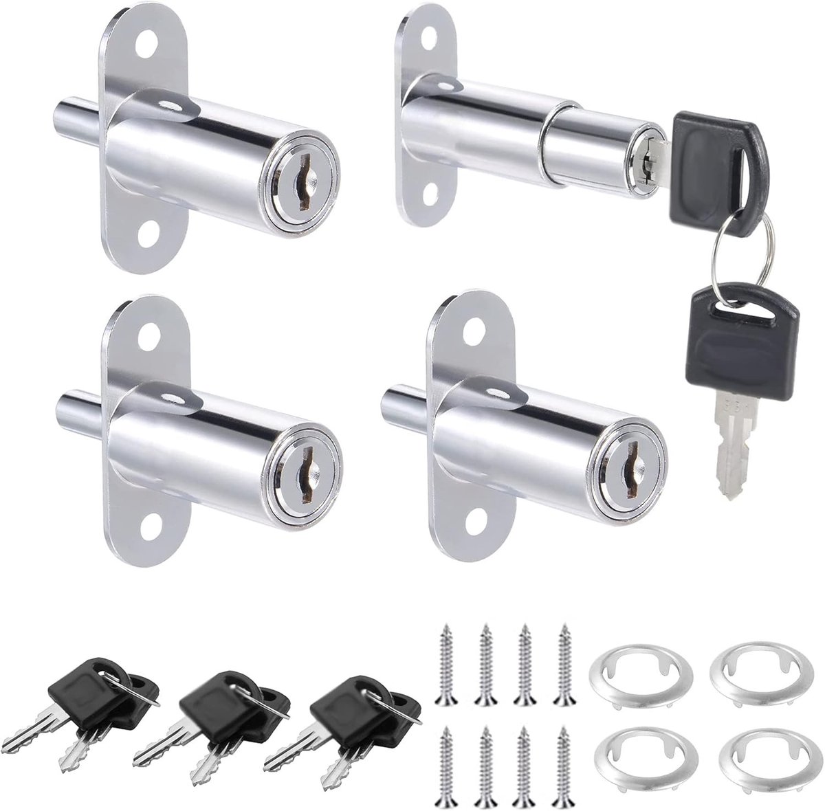 Vergrendelingsset voor Meubels - 4-delige Plunjer Lock met Zinklegering, Geschikt voor Lades, Kasten en Deuren, Inclusief 8 Sleutels, Diameter 19mm