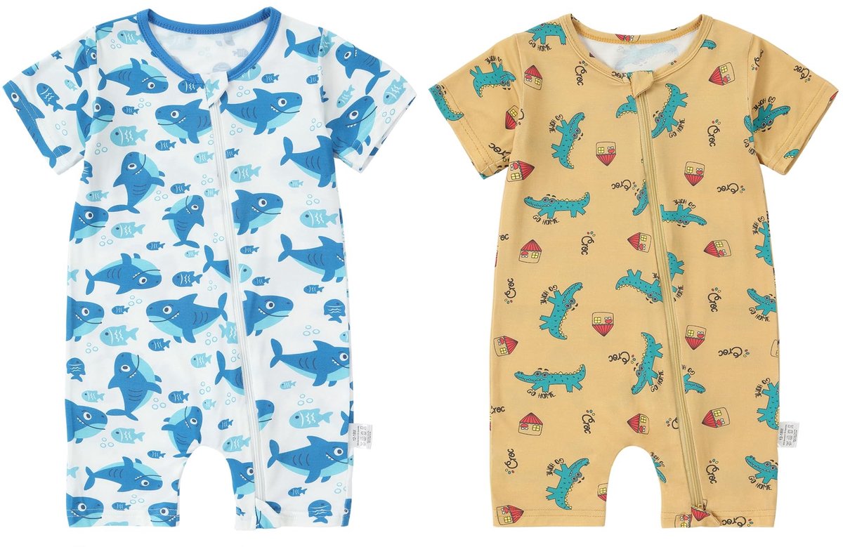 Baby Rompers Set van 2 - Katoenen Pyjama's voor Zomer - Haaien & Krokodillen