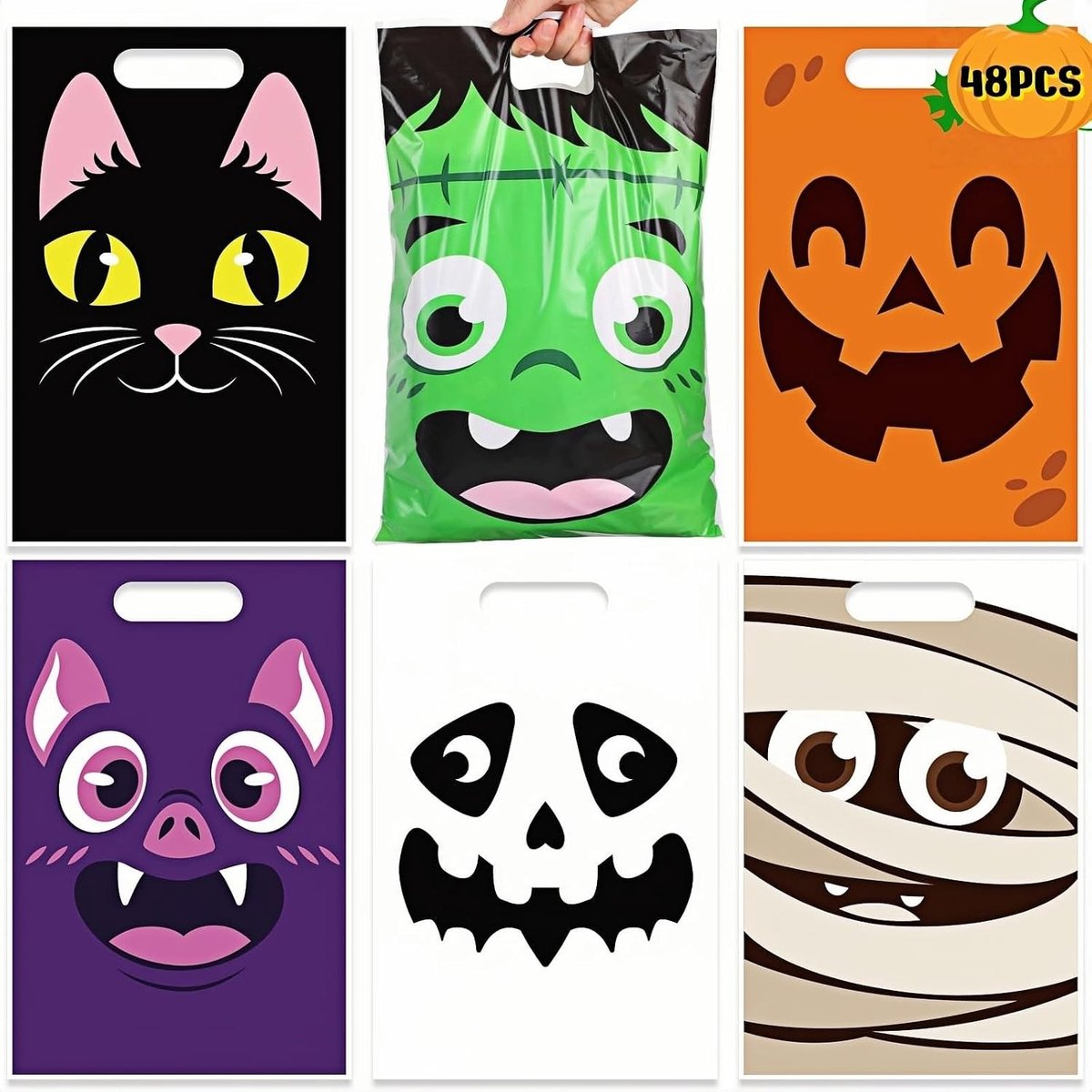 48 Stuks Halloween Plastic Tassen met 6 Unieke Ontwerpen, Perfect voor Snoep, Snacks en Kleine Cadeaus, Ideaal voor Halloween Feesten