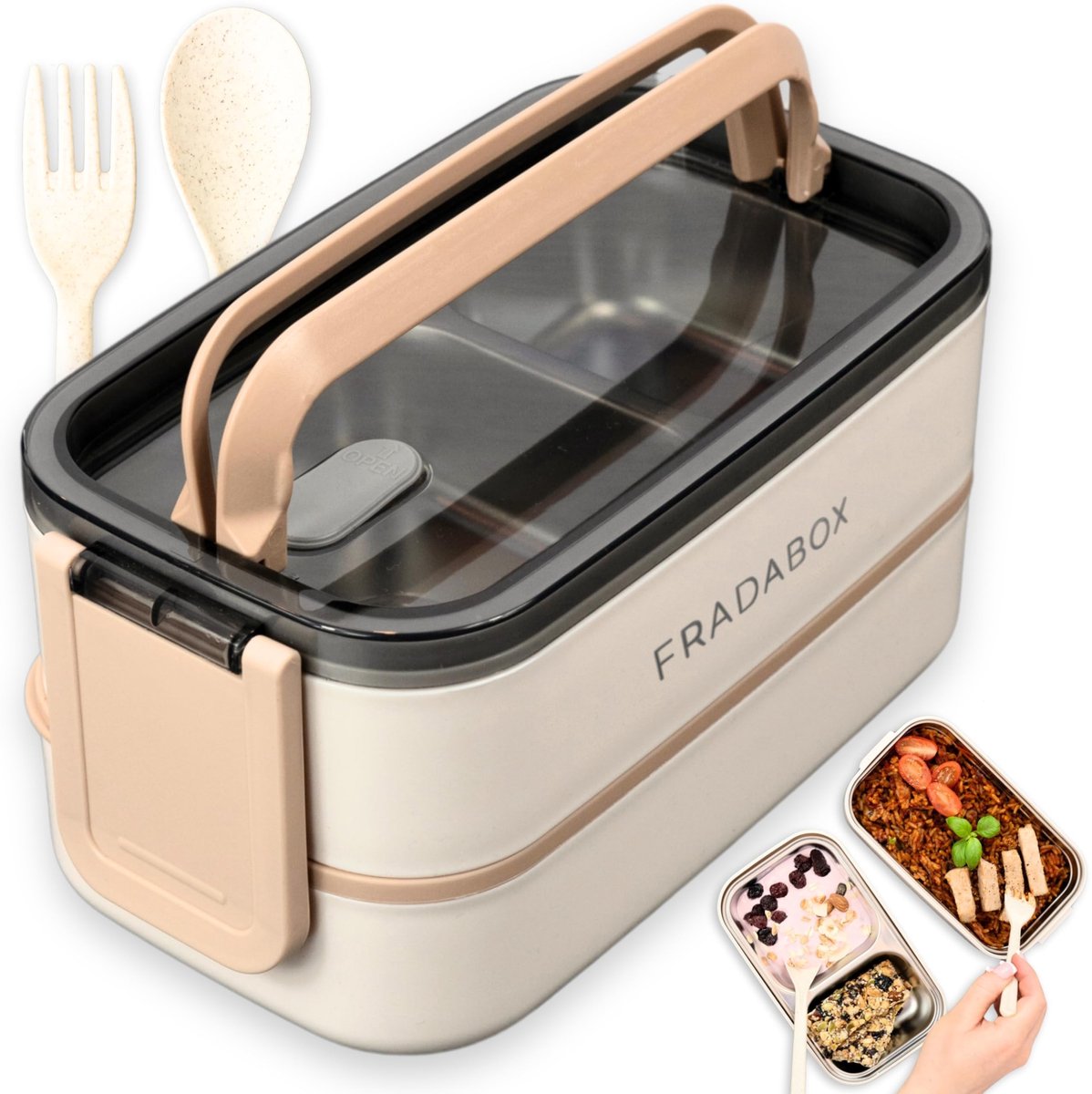 Bento Lunchbox - 2 lagen, roestvrij staal, BPA-vrij, crème/bruin