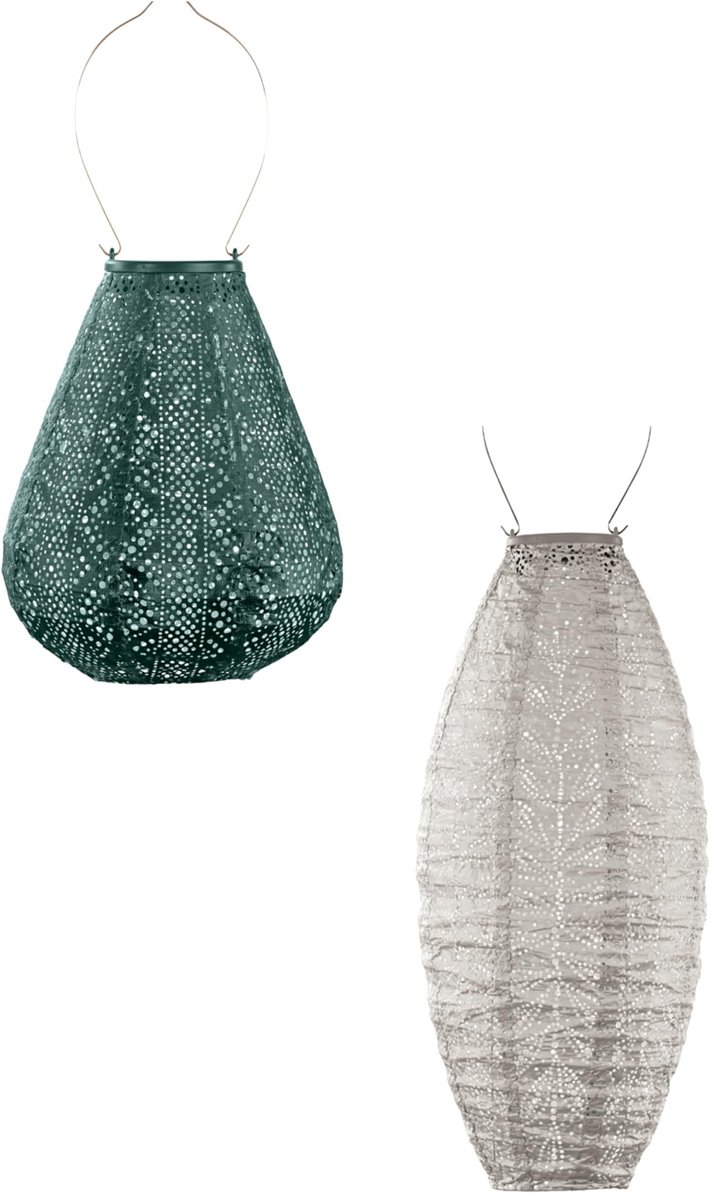 Solar Lantern Set - Tuinverlichting - 2 Stuks - Groen/Licht Taupe - 20 cm