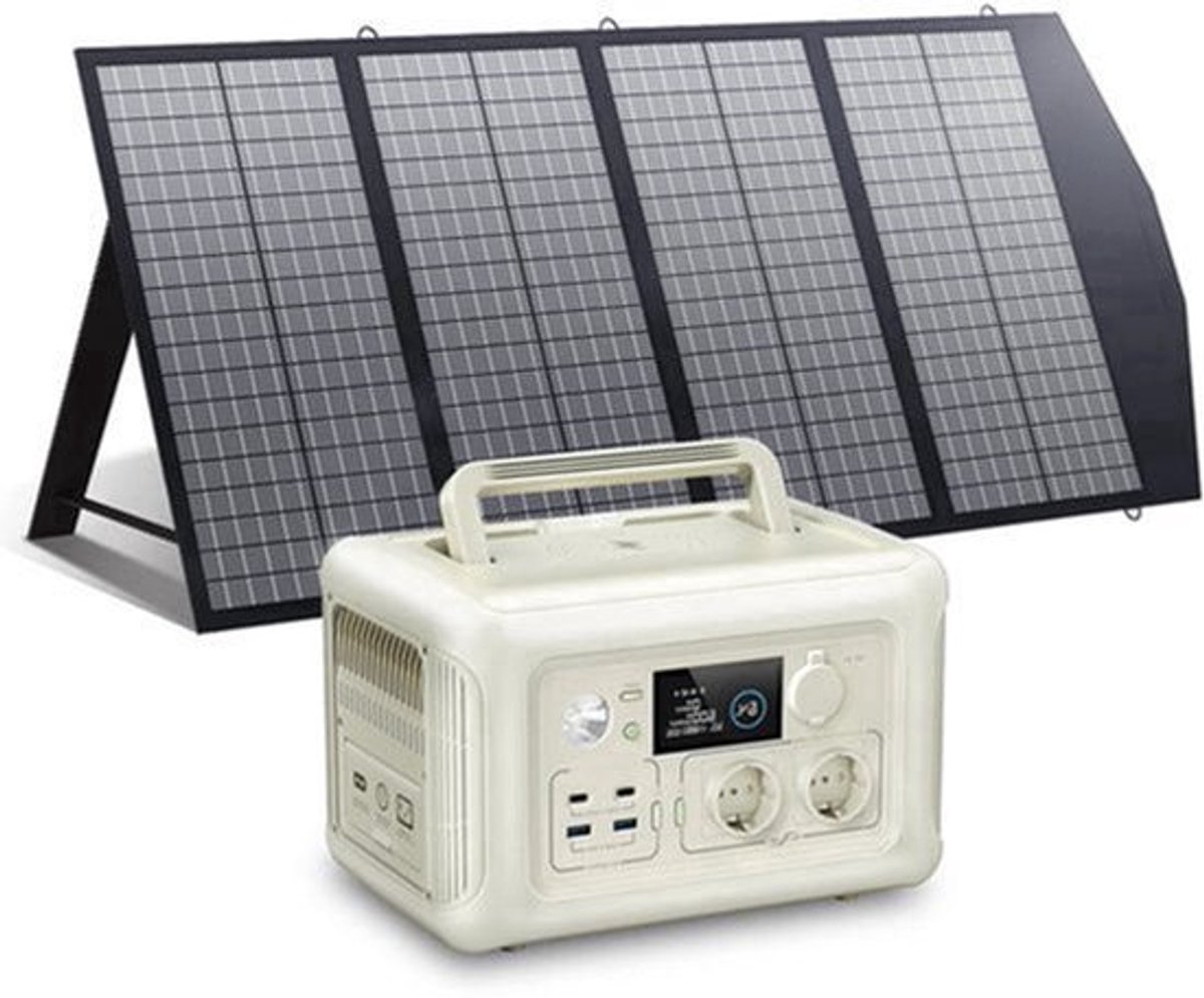 Draagbare Powerstation - Powerbank - Stroomgenerator - Generator - 600W Vermogen – met 140W Zonnepaneel - Generatoren - LiFePO4 Batterij – UPS & MPPT Technologie – Geschikt voor Outdoor & Noodstroomvoorziening