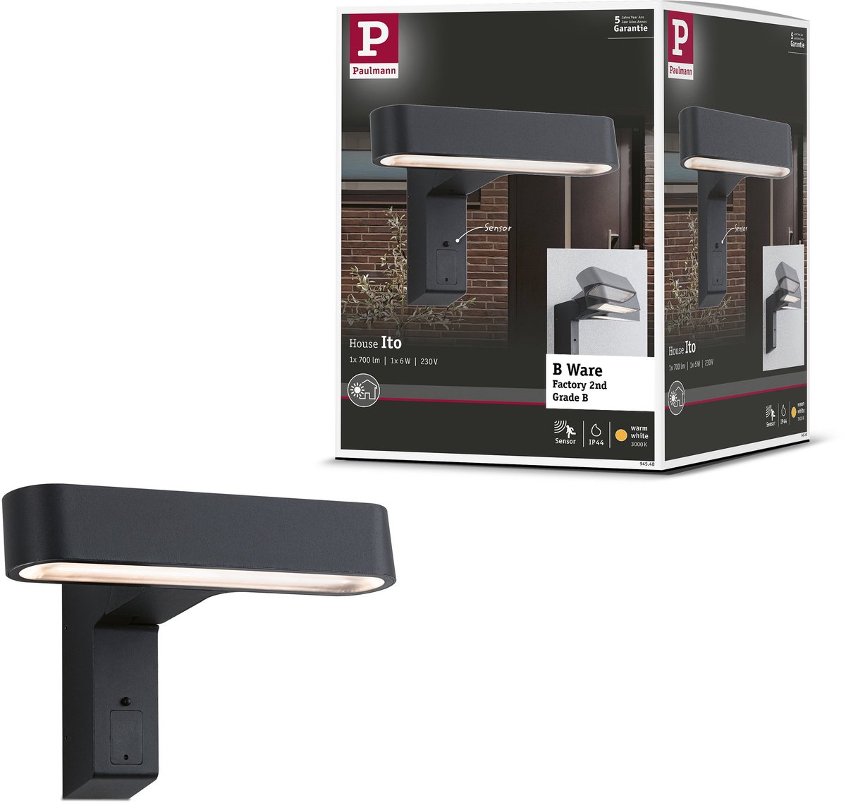 House LED-wandarmatuur voor buiten B-waar Ito Bewegingsmelder Horizontale uitlijning IP44 227x164 mm 3000K 6W 450lm 230V 65° Antraciet Metaal, Kunststof
