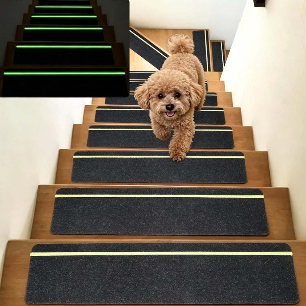 Set van 15 trapmatten met glow-in-the-dark strepen, zelfklevend, 76 x 20 cm, geschikt voor houten trappen, antislip, ideaal voor ouderen en huisdieren