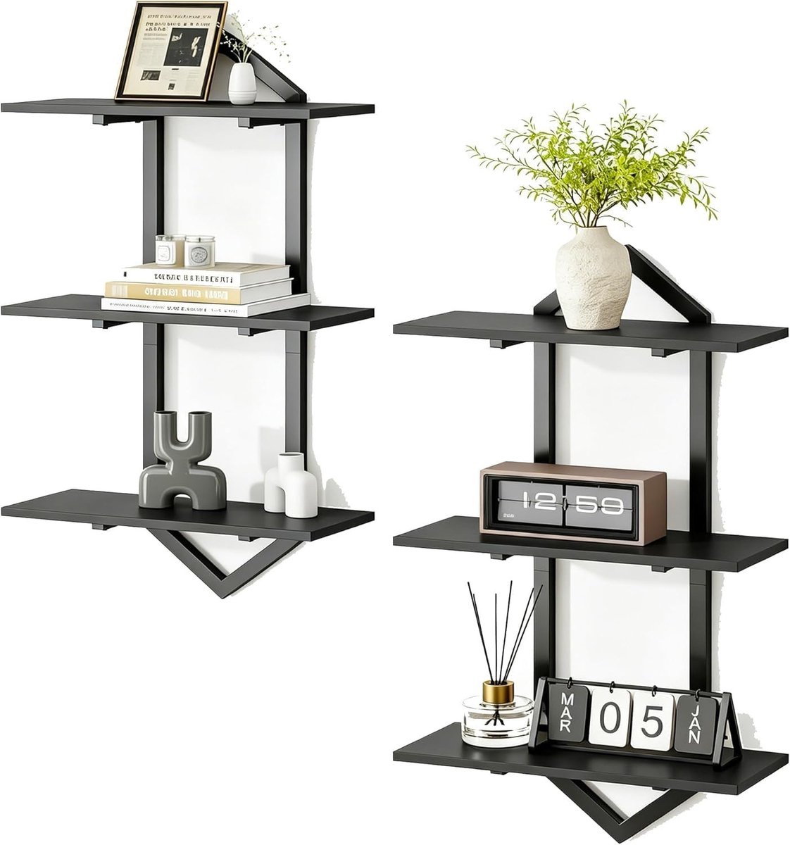Set van 2 zwevende wandplanken met 3 lagen, houten wandplanken voor woonkamer, slaapkamer en badkamer in zwart