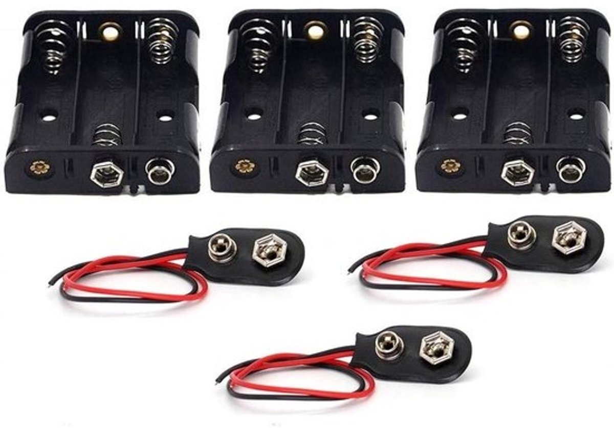 Batterijhouder AA en 9V Clip - Batterij Clips - Elektronica Projecten - Inclusief 9V I-Type Connectoren - 3x AA - Zwart