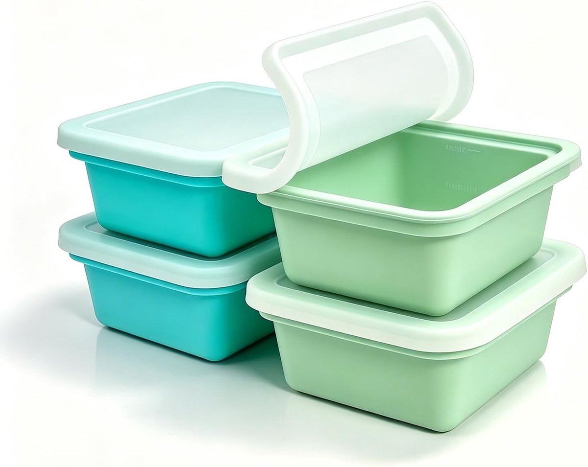 Set van 4 siliconen vriesvormen met deksel voor soep, sauzen en maaltijdprep - 500 ml vriescontainers voor voedselopslag en ijsblokjes