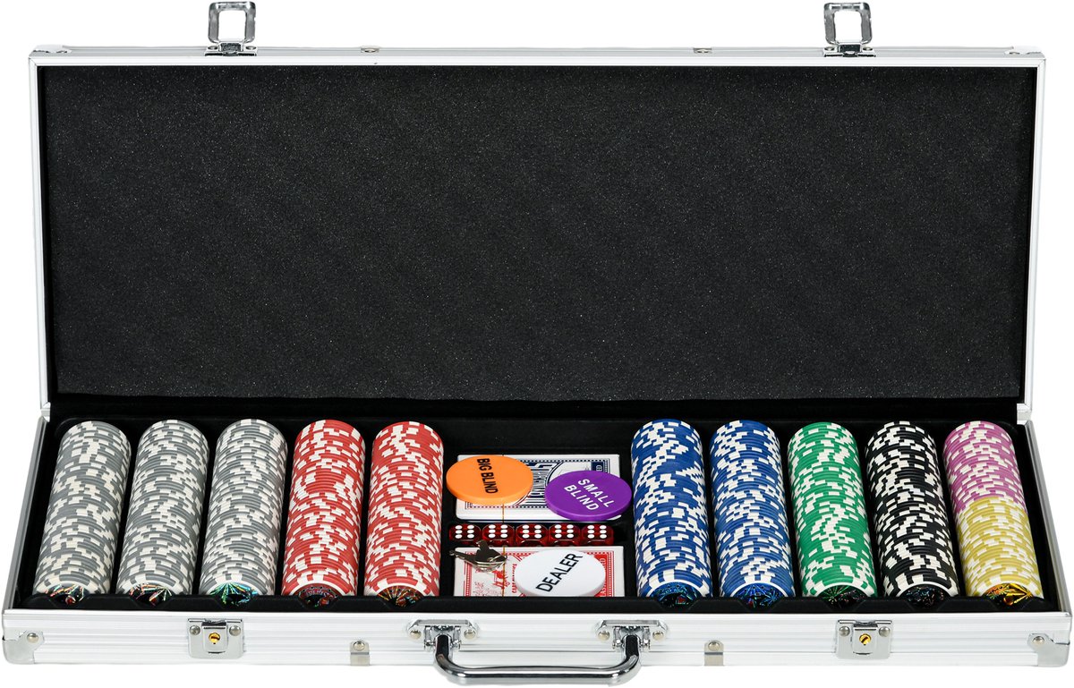 Pokerkoffer compleet afsluitbaar met 500 chips, 5 dobbelstenen, 2 kaartspellen, 3 toetsen, 1 viltmat