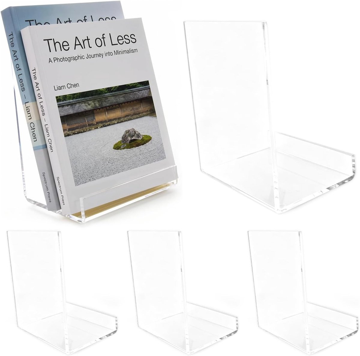 Set van 5 Acryl Boekensteunen, 16 x 9,5 x 14 cm, Transparante Boekensteunen voor Boeken, Menu's en Foto's, J-Vormige Boekensteunen