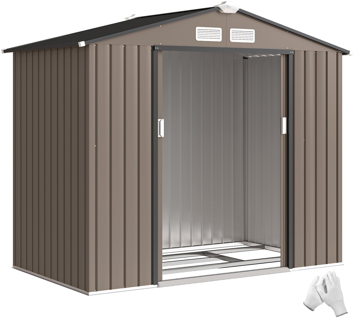 Tuinhuis van staal, 2,77 m², tuinhuis, 213 x 130 x 185 cm, schuur, gereedschap met funderingsset, afsluitbare schuifdeur en ventilatieopeningen, bruin