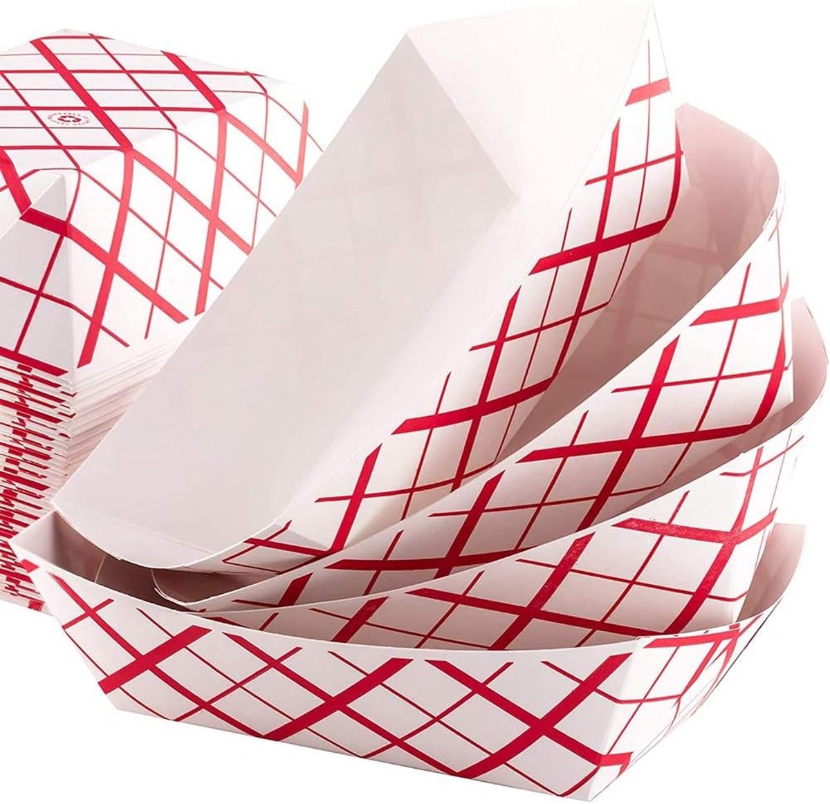 Papieren voedselbakjes 50 stuks - Kartonnen voedselbakken voor feesten, vetvrij en herbruikbaar, ideaal voor evenementen en festivals (rood wit, S)