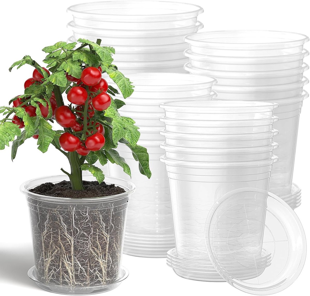 Set van 20 Transparante Plantenpotten met Ondertafel, Plastic Potten met Afvoergaten voor Binnen en Buiten (10/13/15/18cm) - Perfect voor Tuinieren en Plantenverzorging