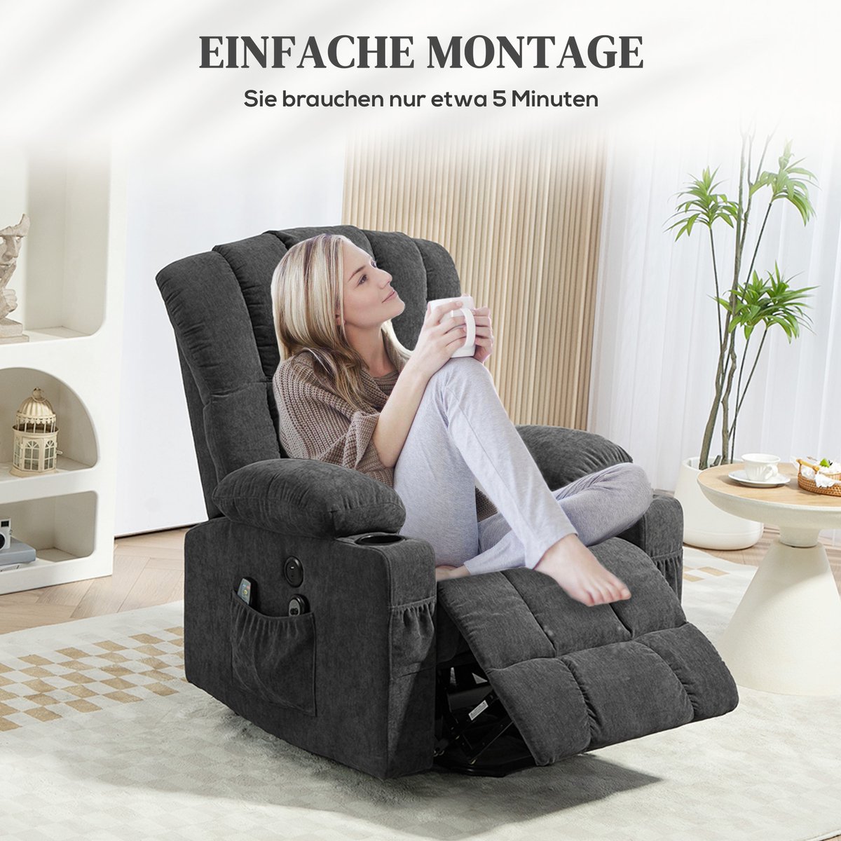HOMCOM Elektrische Sta-op-stoel met Massage en Verwarming - Relaxfauteuil - TV-stoel - Sta-op-fauteuil - Donkergrijs – foto 2