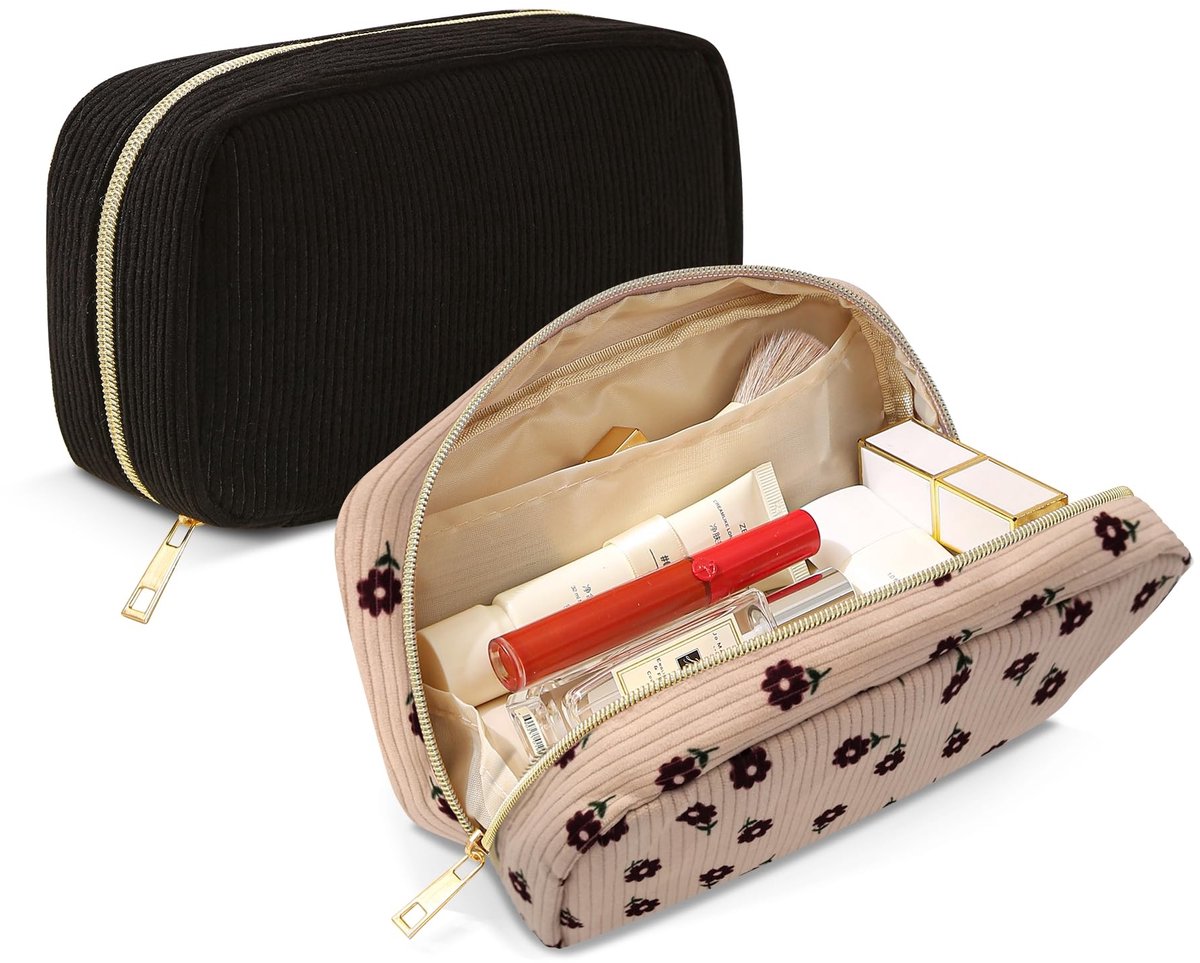 Corduroy make-up tas - Zwart+roodbloem, 2 stuks