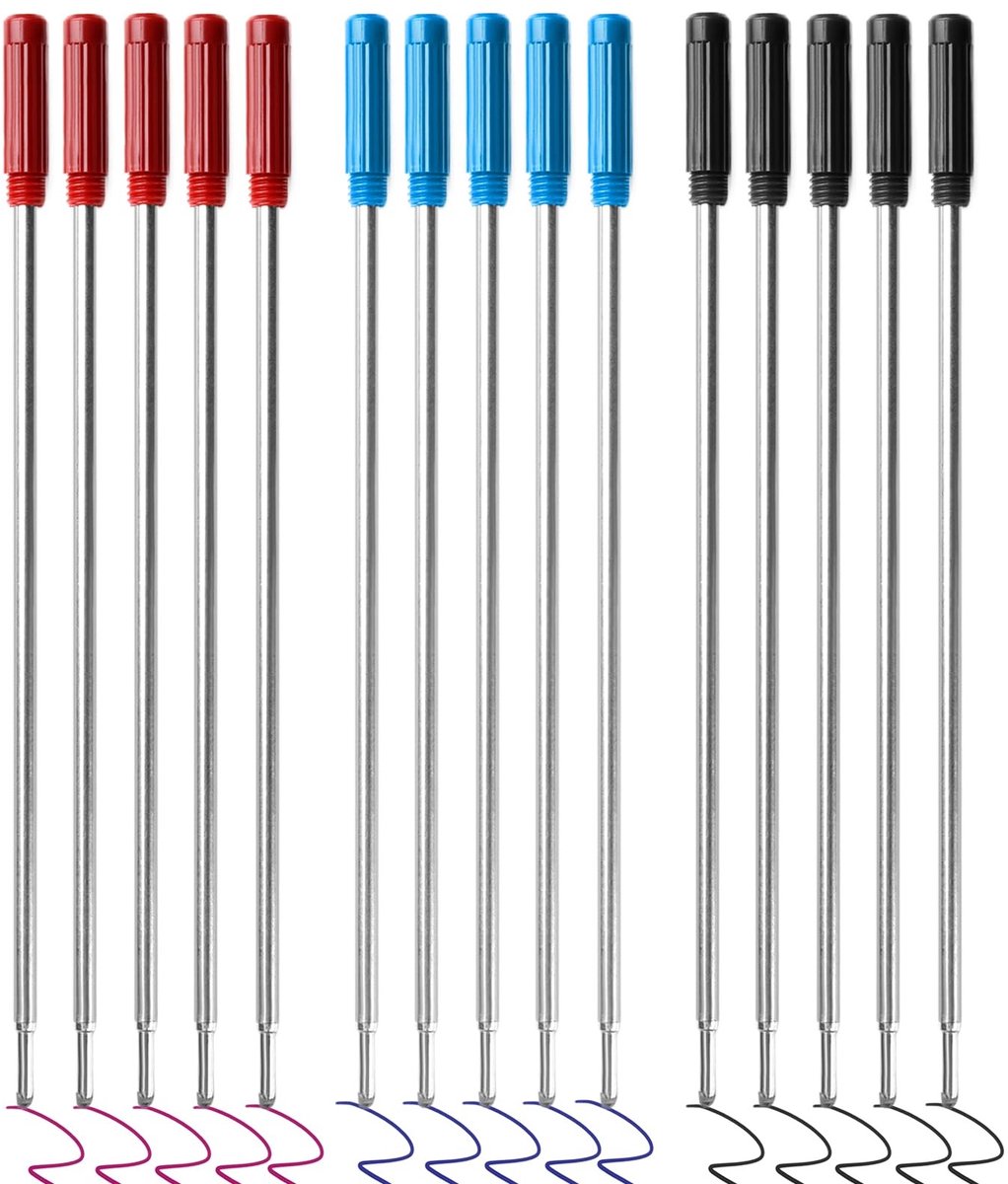 15Pcs 0.7mm Balpen Inktnavullingen - Zwart, Blauw en Rood