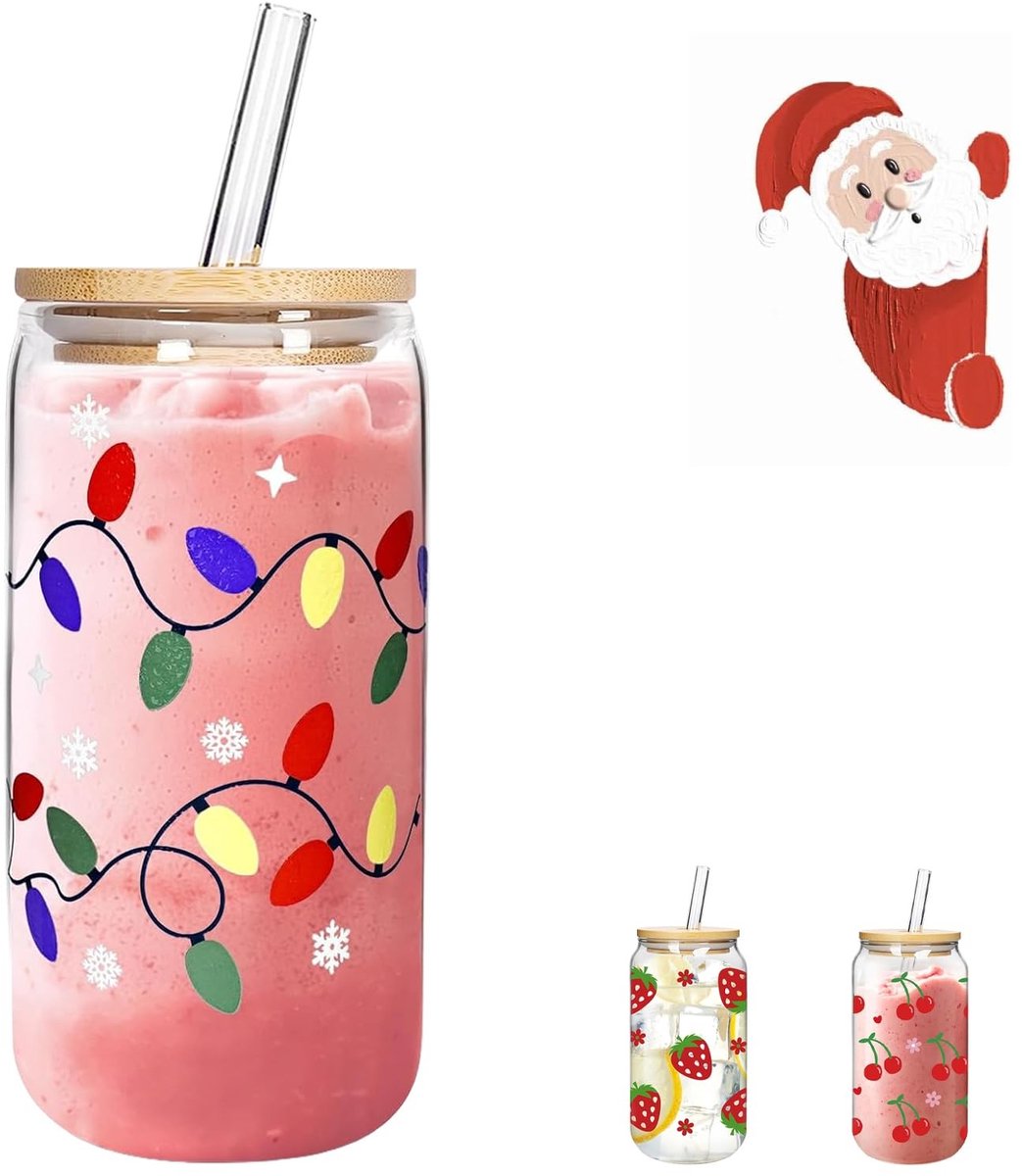Kleurveranderende kerstbeker - Glazen beker met deksel en rietje