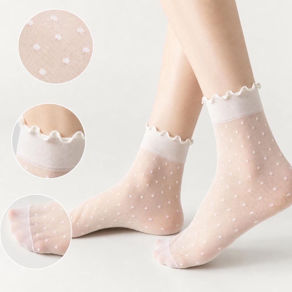 Transparante fijne nylon sokken voor dames met stippen en ruches, dunne kousen in zwart, beige en crèmewit - perfect voor elke gelegenheid en outfit